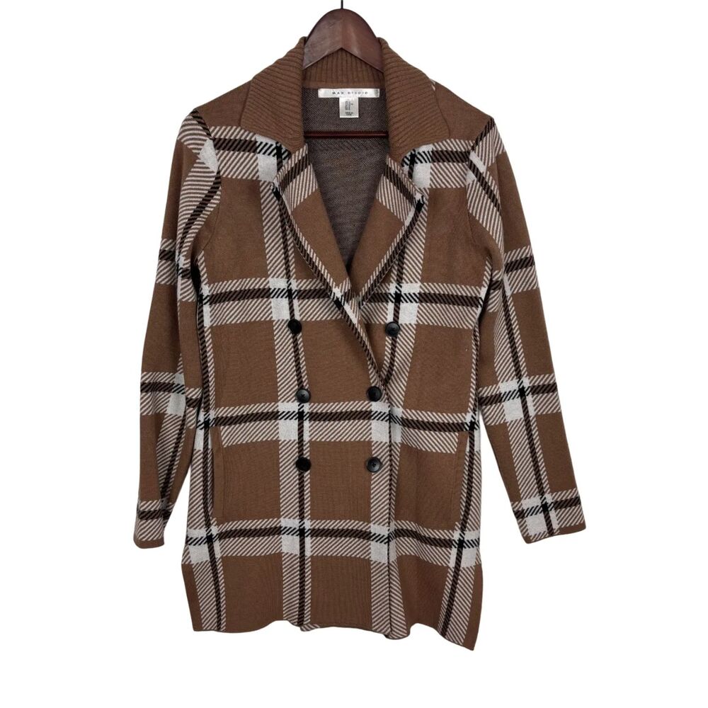 Max Studio Brown Plaid Knit Double Breasted Pea Cardigan Jacket Women's Medium